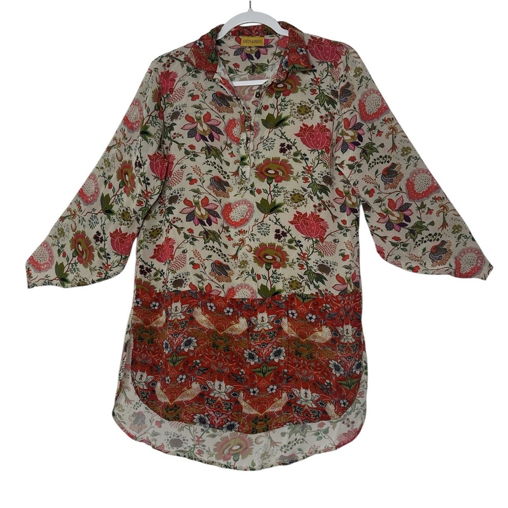 Benares Tunic‎ Top Women's Large Floral Boho Blouse Lightweight Long Sleeve